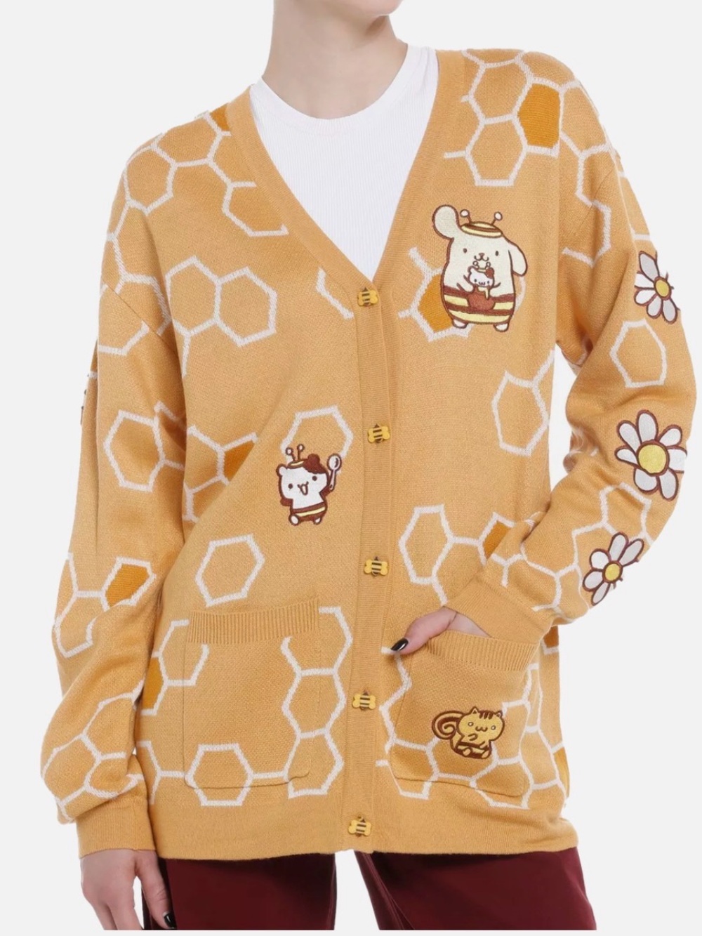 Sanrio Pompompurin Honeycomb Knit Cardigan Sz Sm Oversized Academia Trendy
